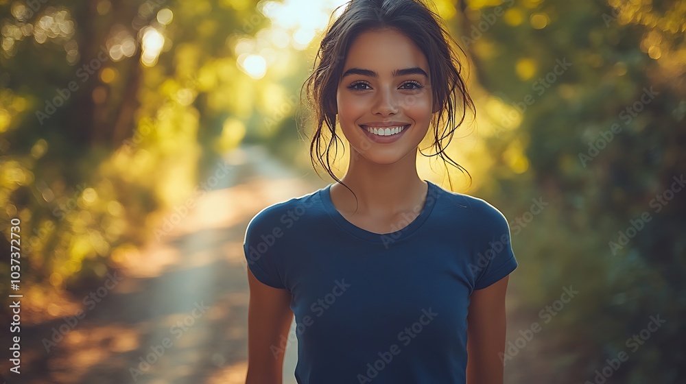Young woman with short dark hair smiling outdoors in a park, wearing a navy blue T-shirt, khaki shorts, and red sneakers Young woman with short dark hair smiling outdoors in a park, wearing a navy blue T-shirt, khaki shorts, and red sneakers