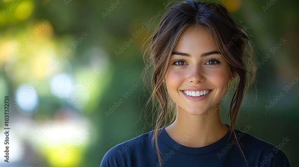 Young woman with cropped dark hair smiling brightly in a park, dressed casually in a navy blue T-shirt, khaki shorts, and red sneakers Young woman with cropped dark hair smiling brightly in a park, dressed casually in a navy blue T-shirt, khaki shorts, and red sneakers