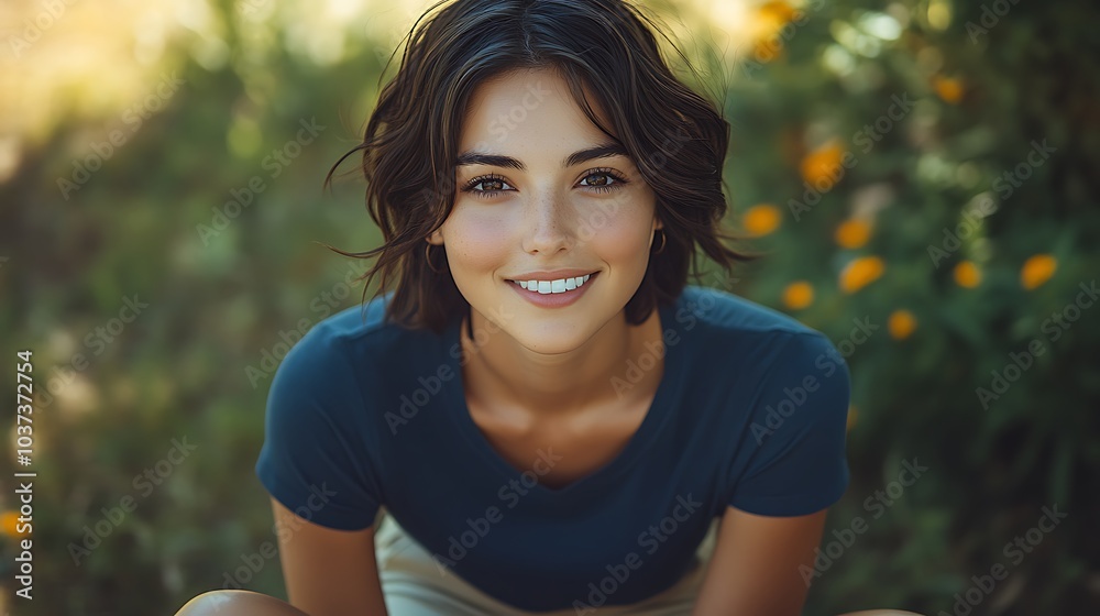 Young woman with short dark hair smiling outdoors in a park, wearing a navy blue T-shirt, khaki shorts, and red sneakers Young woman with short dark hair smiling outdoors in a park, wearing a navy blue T-shirt, khaki shorts, and red sneakers