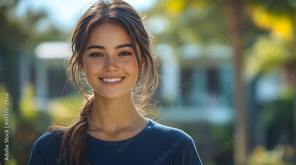 Casual young woman with dark cropped hair smiling in a park, dressed in a navy blue T-shirt, khaki shorts, and red sneakers Casual young woman with dark cropped hair smiling in a park, dressed in a navy blue T-shirt, khaki shorts, and red sneakers