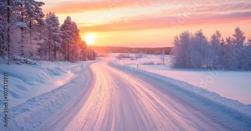 Winter Road to Colorful Sunrise. AI generated illustration.