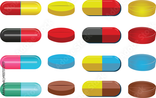 Pills, tablets and medicine drugs, Oval and round capsules set