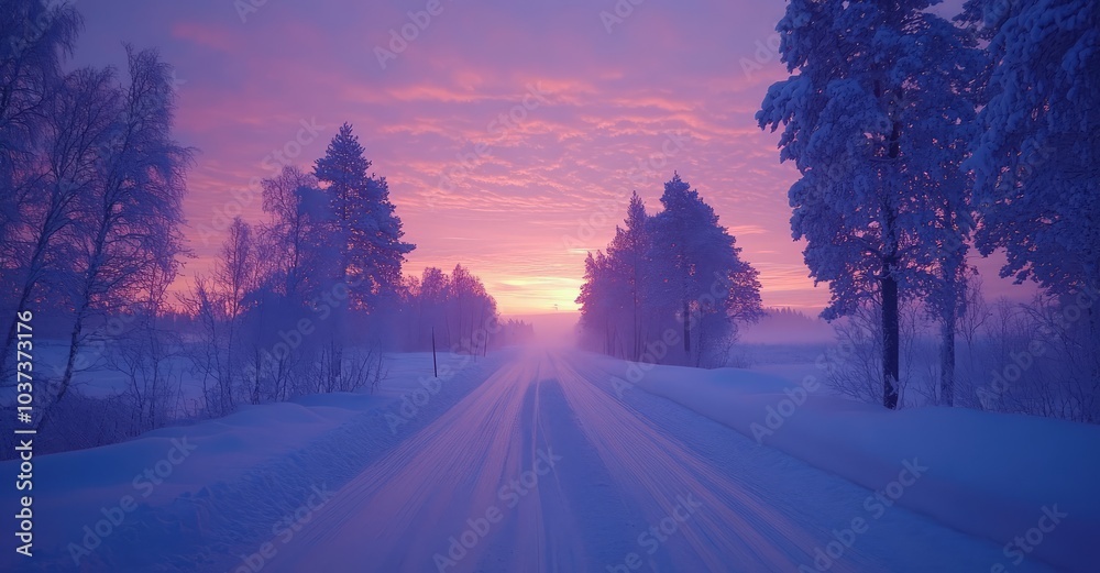 Winter Road to Colorful Sunrise. AI generated illustration. Winter Road to Colorful Sunrise. AI generated illustration.