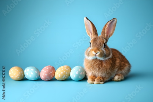 Easter bunny with eggs on solid background, layout with copy space