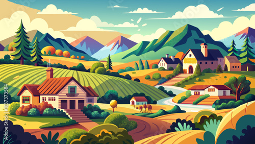 Summer countryside doodle landscape with traditional houses, farms, village, hills, forests and mountains in the background. Handmade drawing vector illustration. Retro style