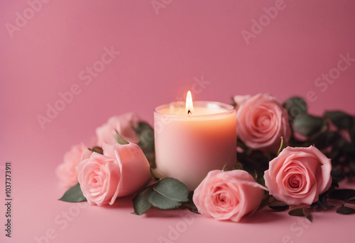 Scented candle and roses on pink background