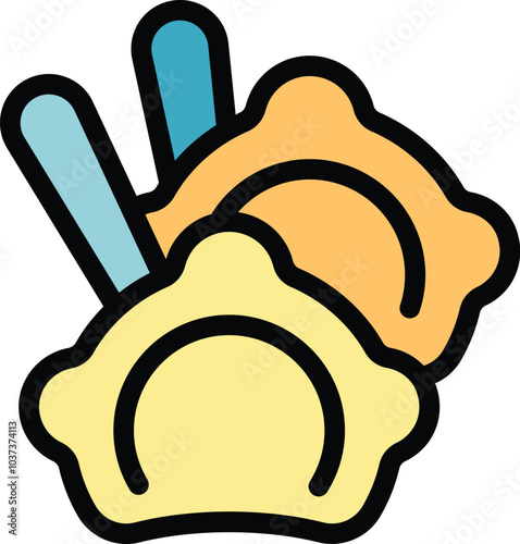 This icon image features two varenyky pierogies, secured on forks and ready to be dipped in sour cream