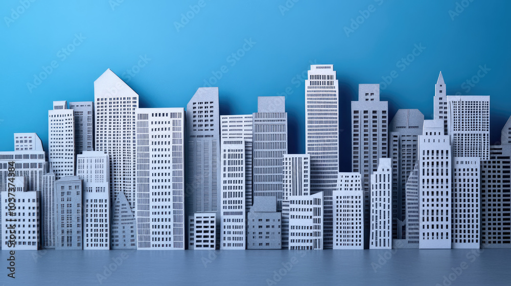 Obraz premium A layered papercut cityscape with buildings and skyscrapers in various shades of gray and white, creating a D effect with a blue sky background. --chaos