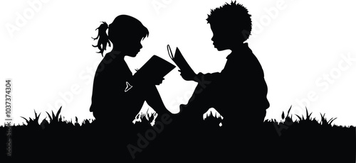 siblings sitting in the grass and reading book,children reading in grass vector illustration