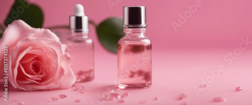 Skin care concept with essential rose oil on pink background