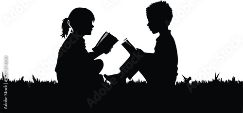 siblings sitting in the grass and reading book,children reading in grass vector illustration