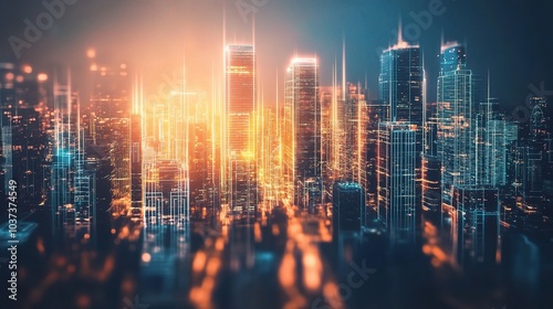 Vibrant City Skyline at Night with Glowing Lights