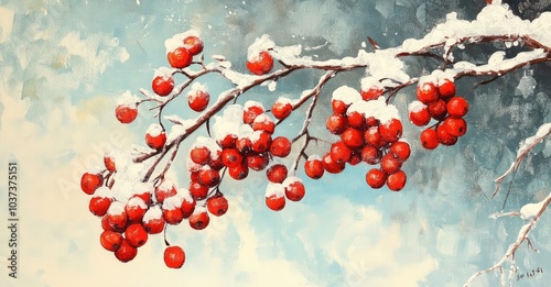 Snowy Rowan Berries. AI generated illustration.