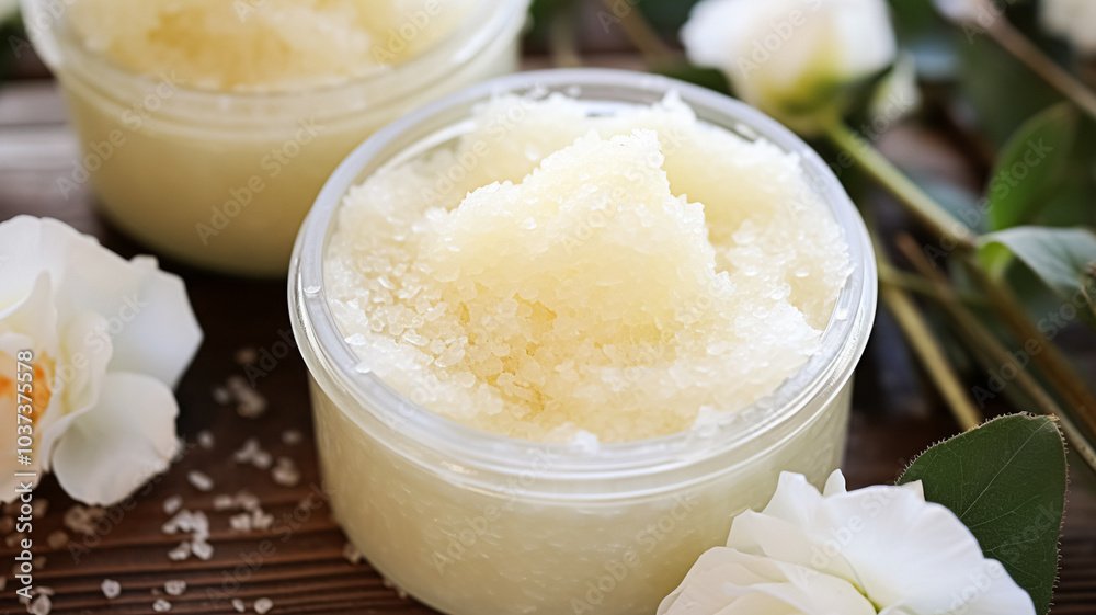 Body scrub in a jar, macro cosmetics product Body scrub in a jar, macro cosmetics product