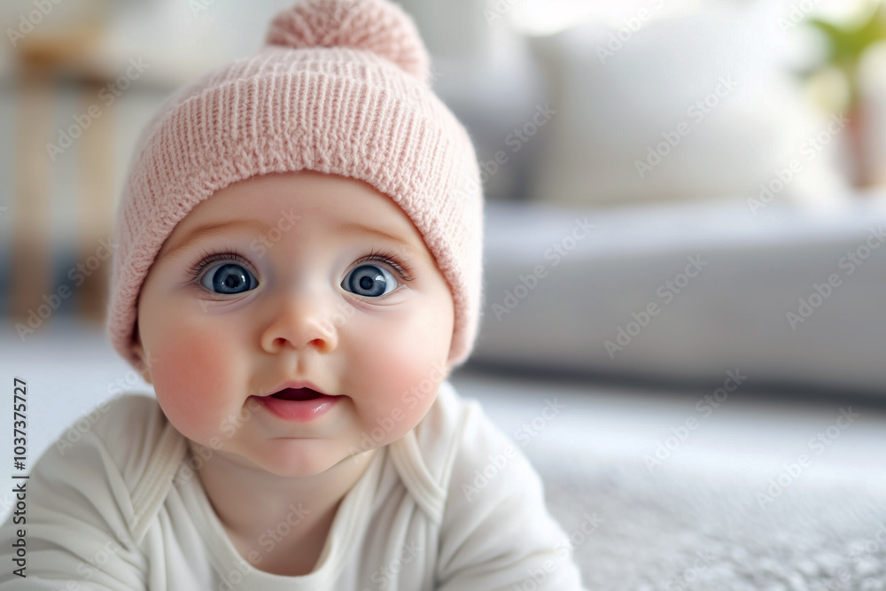 Adorable baby wearing a whimsical beanie with wide eyes in a cozy indoor setting Adorable baby wearing a whimsical beanie with wide eyes in a cozy indoor setting