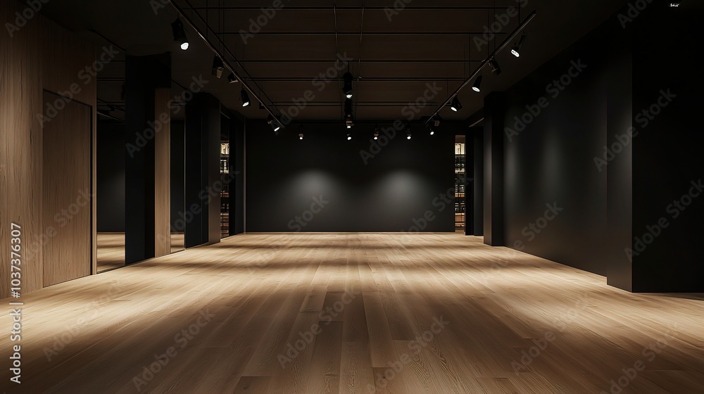 Modern Gallery Space with Wooden Floor and Dark Walls Modern Gallery Space with Wooden Floor and Dark Walls