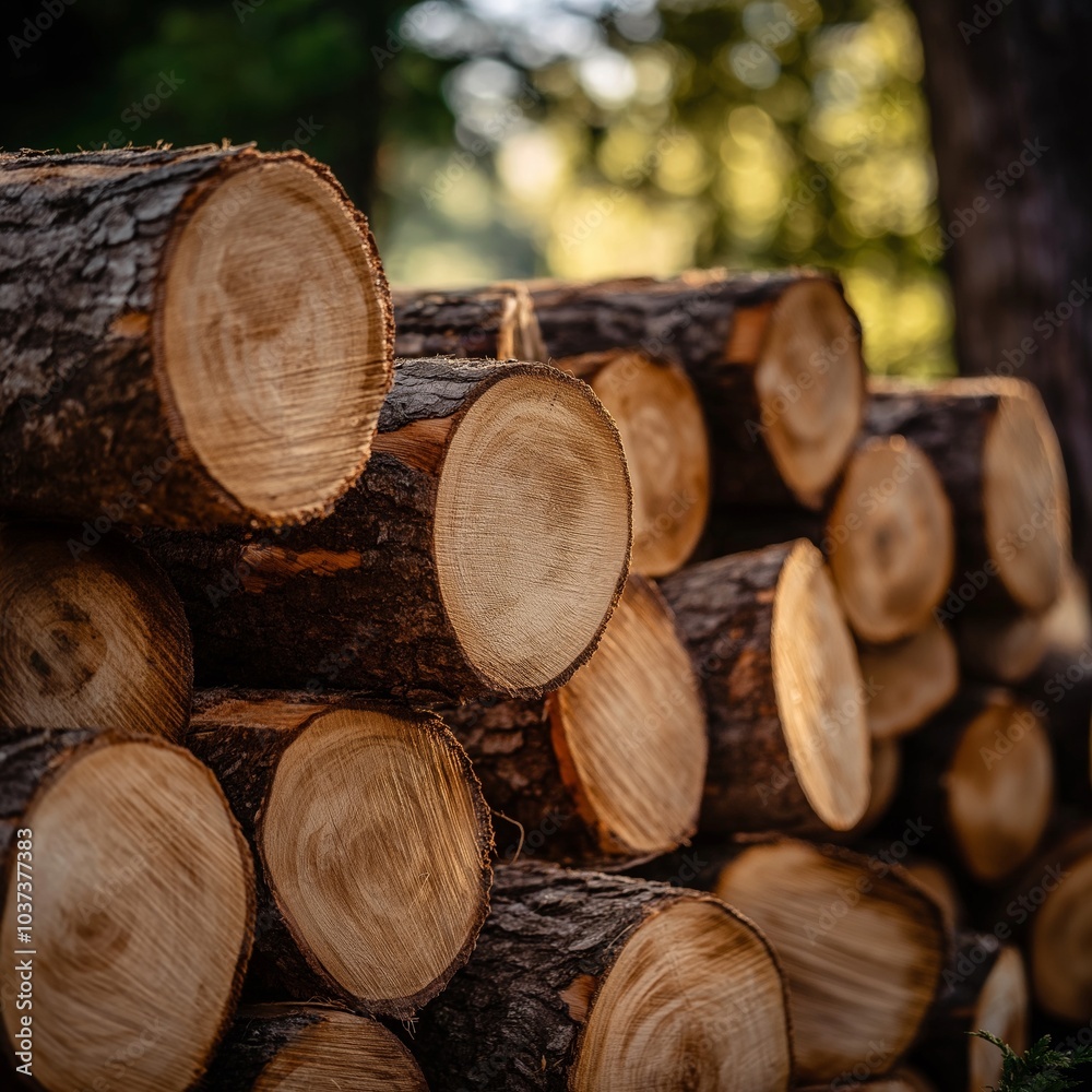 Freshly cut tree logs stacked in a forest awaiting processing for lumber Freshly cut tree logs stacked in a forest awaiting processing for lumber