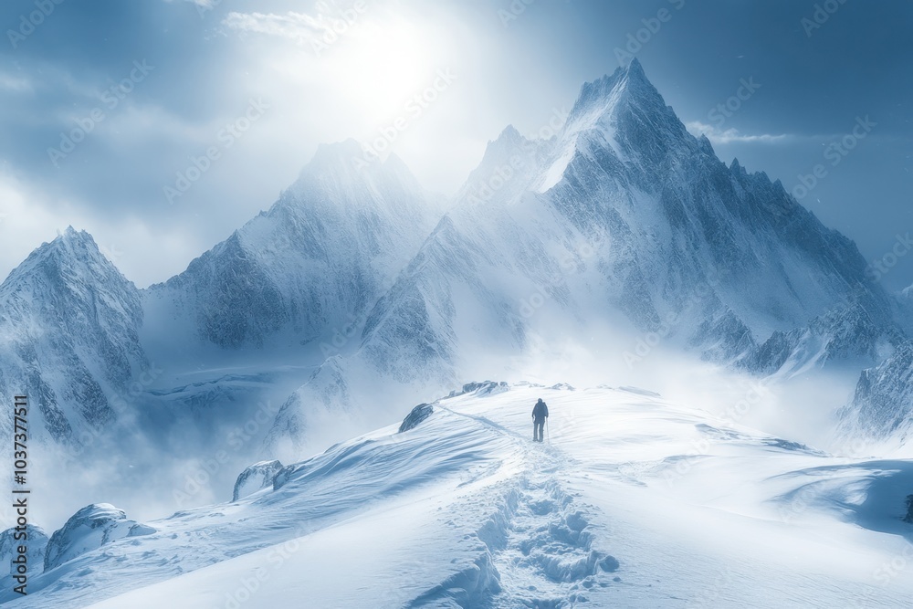 A solitary hiker navigating through a snowy mountain landscape during bright daylight A solitary hiker navigating through a snowy mountain landscape during bright daylight