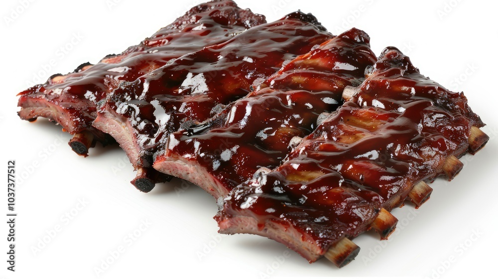 smoky and tender ribs with a shiny glaze on top against a white background smoky and tender ribs with a shiny glaze on top against a white background