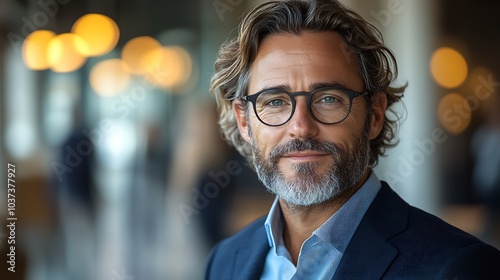 Portrait of middle-aged businesspeople wearing glasses and formal attire, standing in front of a bright white glass wall in a modern office