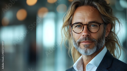 Portrait of middle-aged businesspeople wearing glasses and formal attire, standing in front of a bright white glass wall in a modern office photo