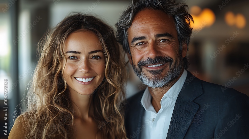 Professional middle-aged man and woman in suits, smiling in a bright office with a clean white glass wall behind them Professional middle-aged man and woman in suits, smiling in a bright office with a clean white glass wall behind them