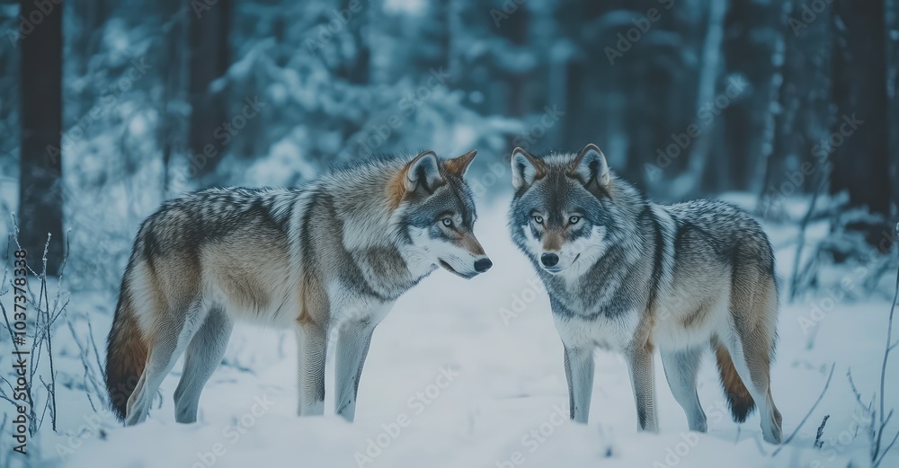 Two Wolves in Cold Winter Forest. Ai generation. Two Wolves in Cold Winter Forest. Ai generation.
