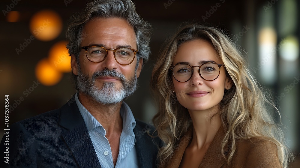 Thoughtful middle-aged man and woman in suits and glasses, posing together in a contemporary office environment with a glass wall backdrop Thoughtful middle-aged man and woman in suits and glasses, posing together in a contemporary office environment with a glass wall backdrop