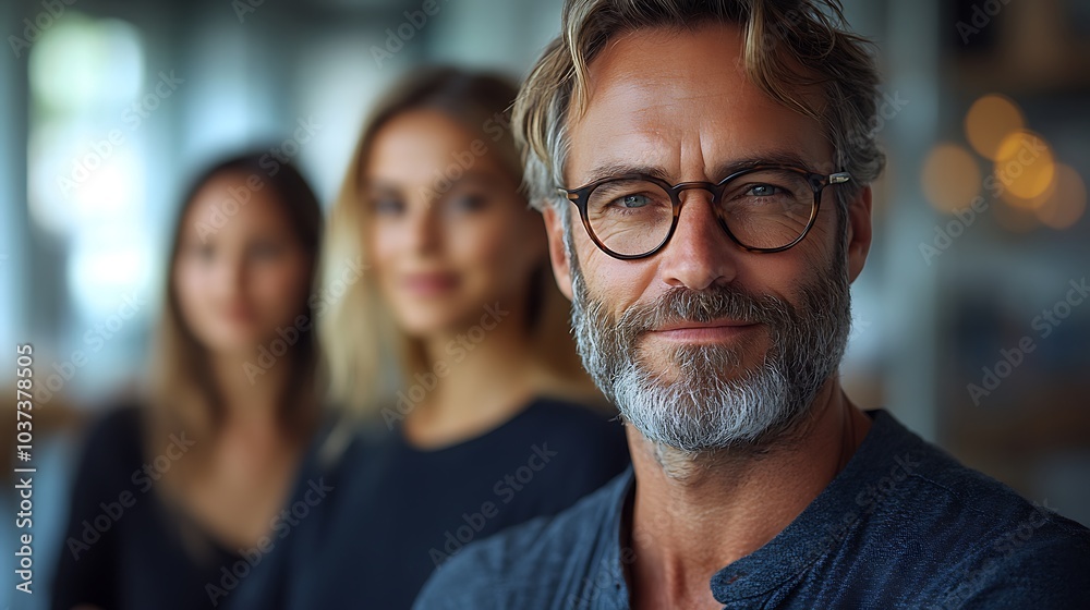 Business professionals in their 40s posing confidently in a bright office setting with white glass walls, smiling and thinking