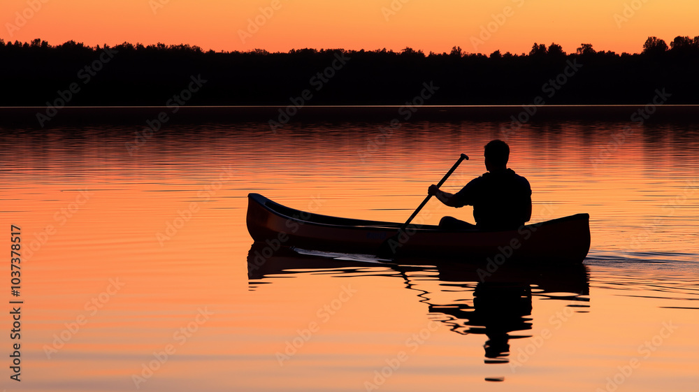 A man paddling a canoe across a calm lake during sunrise A man paddling a canoe across a calm lake during sunrise