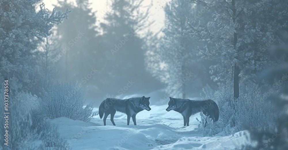 Two Wolves in Cold Winter Forest. Ai generation. Two Wolves in Cold Winter Forest. Ai generation.