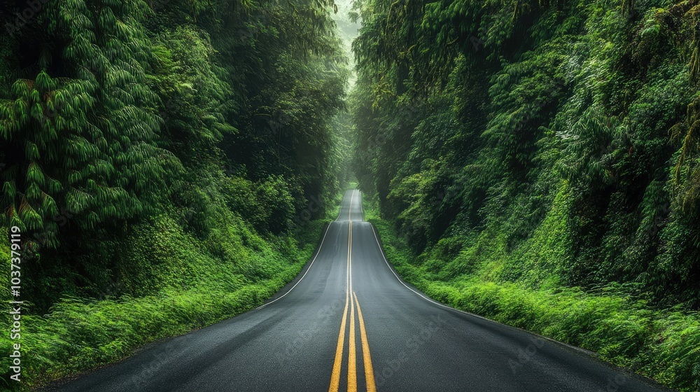 A scenic road through a rainforest with thick greenery on both sides. Travel banner. Road trip 