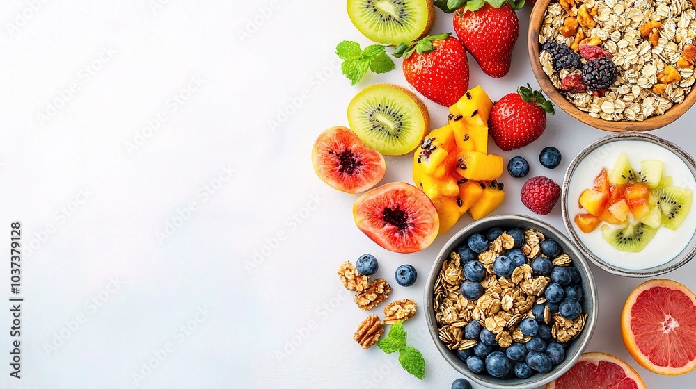Fresh Fruits and Healthy Granola Composition Fresh Fruits and Healthy Granola Composition