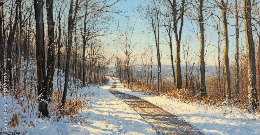 Winter Forest Road View. AI generated illustration. Winter Forest Road View. AI generated illustration.