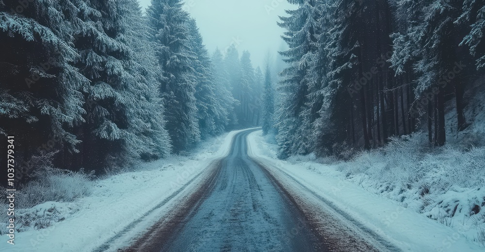 Winter Forest Road View. AI generated illustration. Winter Forest Road View. AI generated illustration.