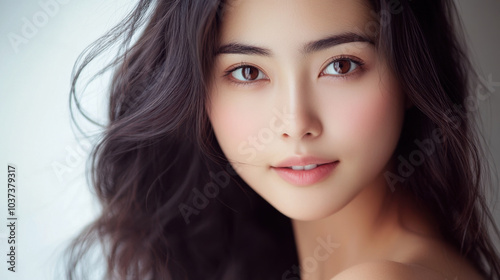 captivating portrait of woman with long, flowing hair and gentle smile, showcasing her natural beauty and radiant skin. soft lighting enhances her features, creating inviting atmosphere