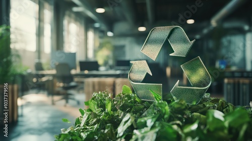 Green recycle symbol icon sign with professional environment background to represent recycling or sorting of waste at office and for working people