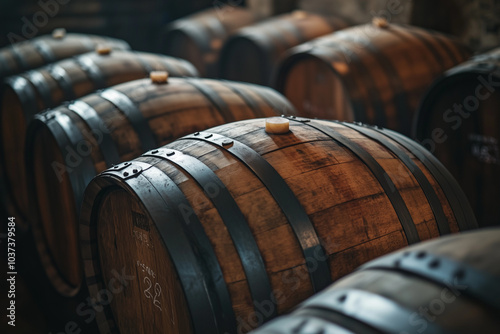 Selective focus wooden barrel with liquor fermentation, Close up shot rustic oak wood wine barrels, Aged wine in cellar concept.	