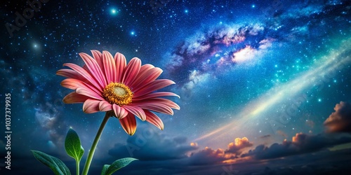 Single Delicate Flower with Starry Background - Nature Photography, Floral Aesthetics, Night Sky, Beauty of Nature