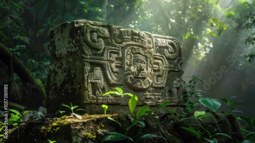 Ancient Mayan Stone Carving in the Jungle photo