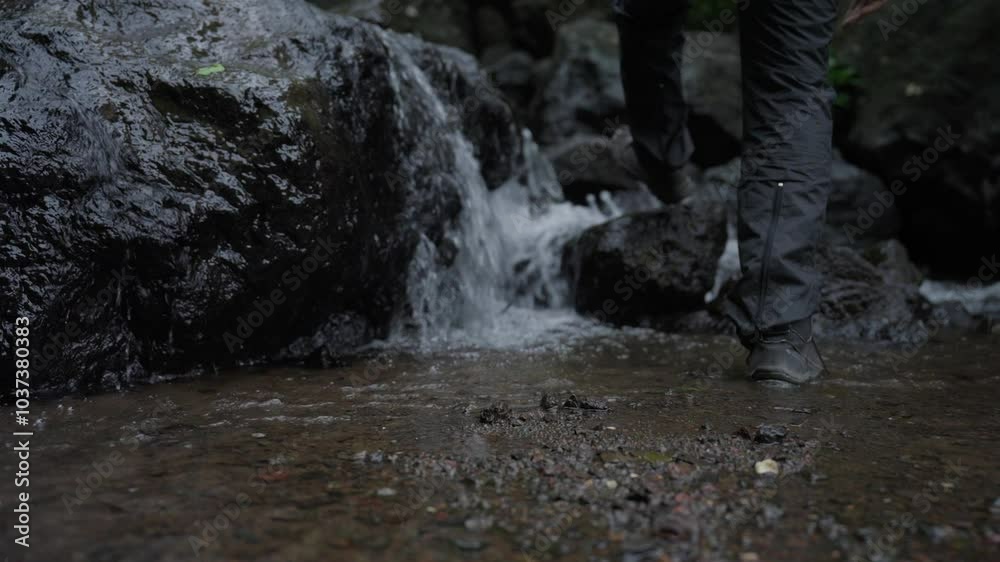 Low angle shot of a trekker walking towards waterfall from rocky mountains. Low angle shot of a trekker walking towards waterfall from rocky mountains.