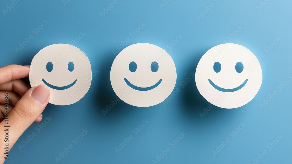 Hand choosing happy smile face paper cut, good feedback rating and positive customer review, mental health assessment, child wellness,world mental health day, think positive, compliment day concept Hand choosing happy smile face paper cut, good feedback rating and positive customer review, mental health assessment, child wellness,world mental health day, think positive, compliment day concept