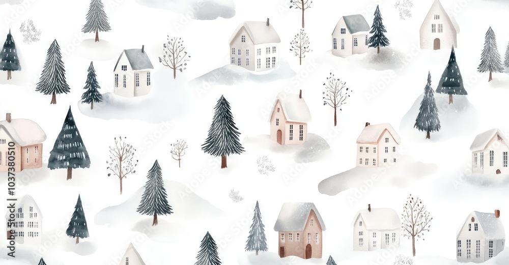 White Watercolor Winter Christmas Background with Trees and Houses. AI generated illustration. White Watercolor Winter Christmas Background with Trees and Houses. AI generated illustration.