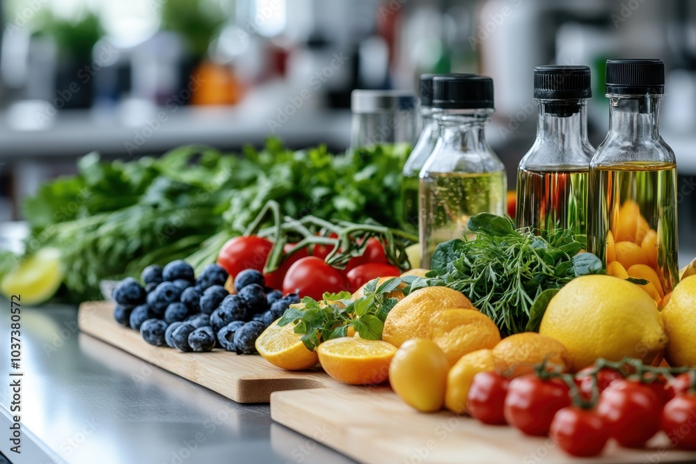 Fresh ingredients and oils arranged on a kitchen counter for preparing healthy meals Fresh ingredients and oils arranged on a kitchen counter for preparing healthy meals