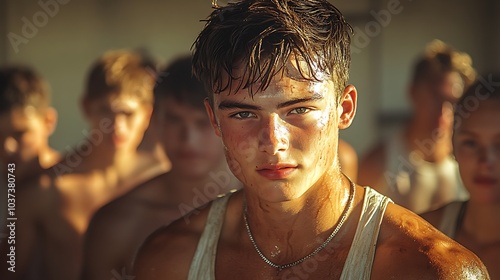 A high school senior firefighter shows off his muscles in a tight t-shirt during gym class. He smirks as onlookers worship him, wearing a diamond bracelet and necklace, captured in ultra-wide photo