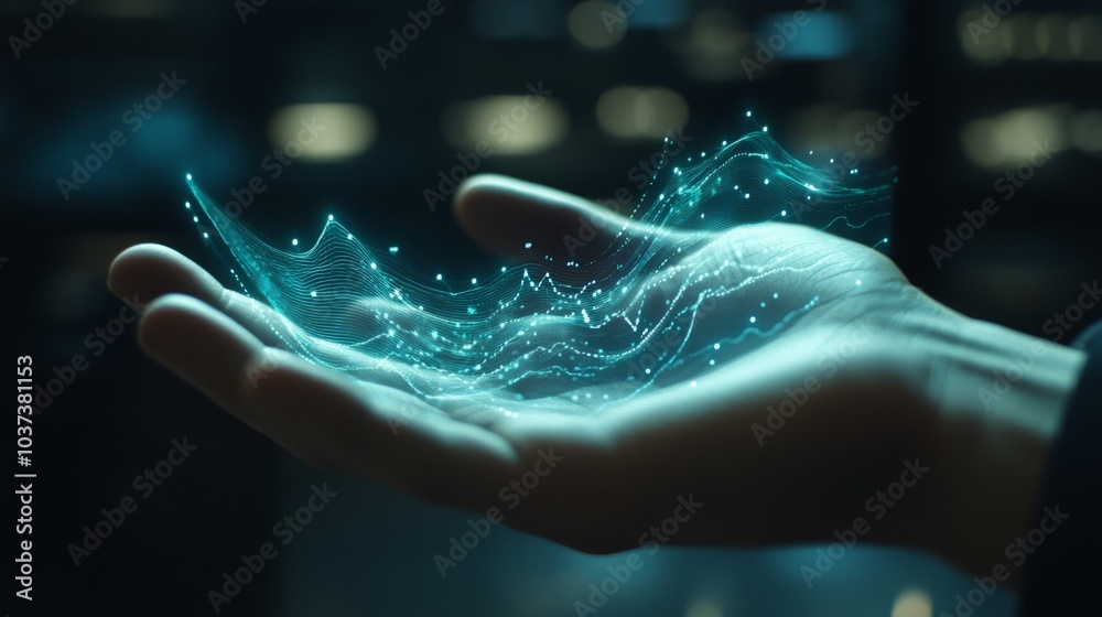 Naklejka premium Hand Holding Futuristic Light Wave Visualization