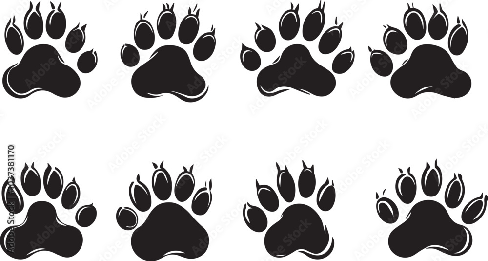 Fototapeta premium Foot Marks vector Illustrations, Set of paw prints silhouettes illustration isolated on a white background
