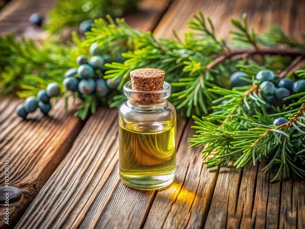 Small Glass Bottle with Juniper Oil for Aromatherapy and Spa on Wooden Background Small Glass Bottle with Juniper Oil for Aromatherapy and Spa on Wooden Background