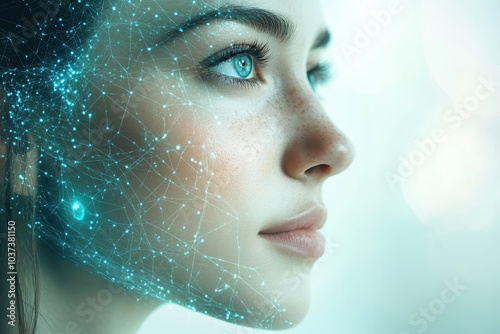 A young woman with blue eyes and digital facial patterns in a futuristic setting