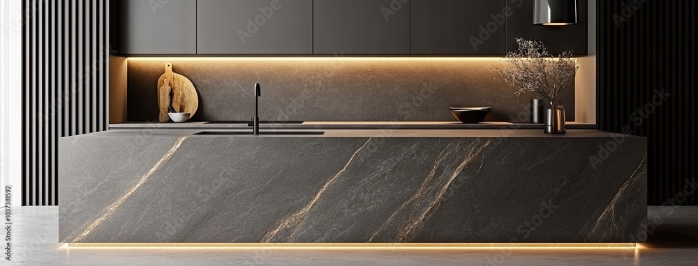 Modern minimalist dark gray kitchen with elegant stone countertop and integrated lighting for a sleek design Modern minimalist dark gray kitchen with elegant stone countertop and integrated lighting for a sleek design